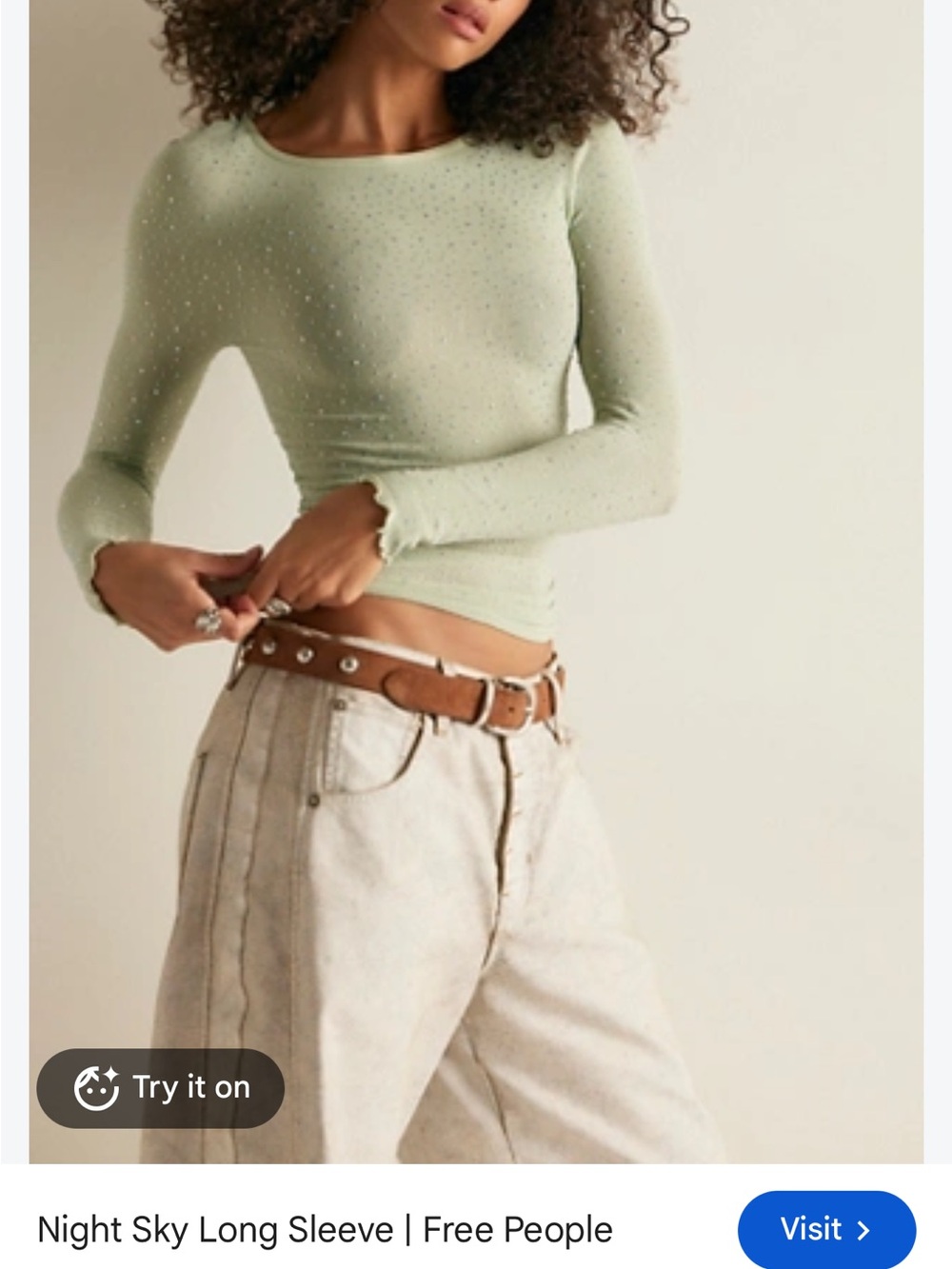 Free People Night Long Sparkle Long Sleeve Top in Sage Green